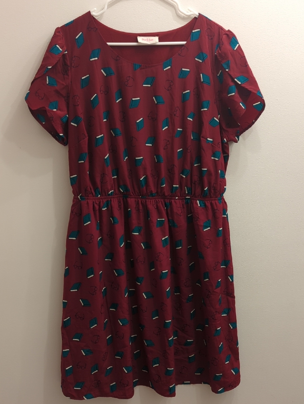 Peach Love California (Modcloth) Burgundy Dress with Teal Book Print